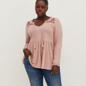 Torrid Babydoll Knit Notch Neck Embroidered Long Sleeve Top